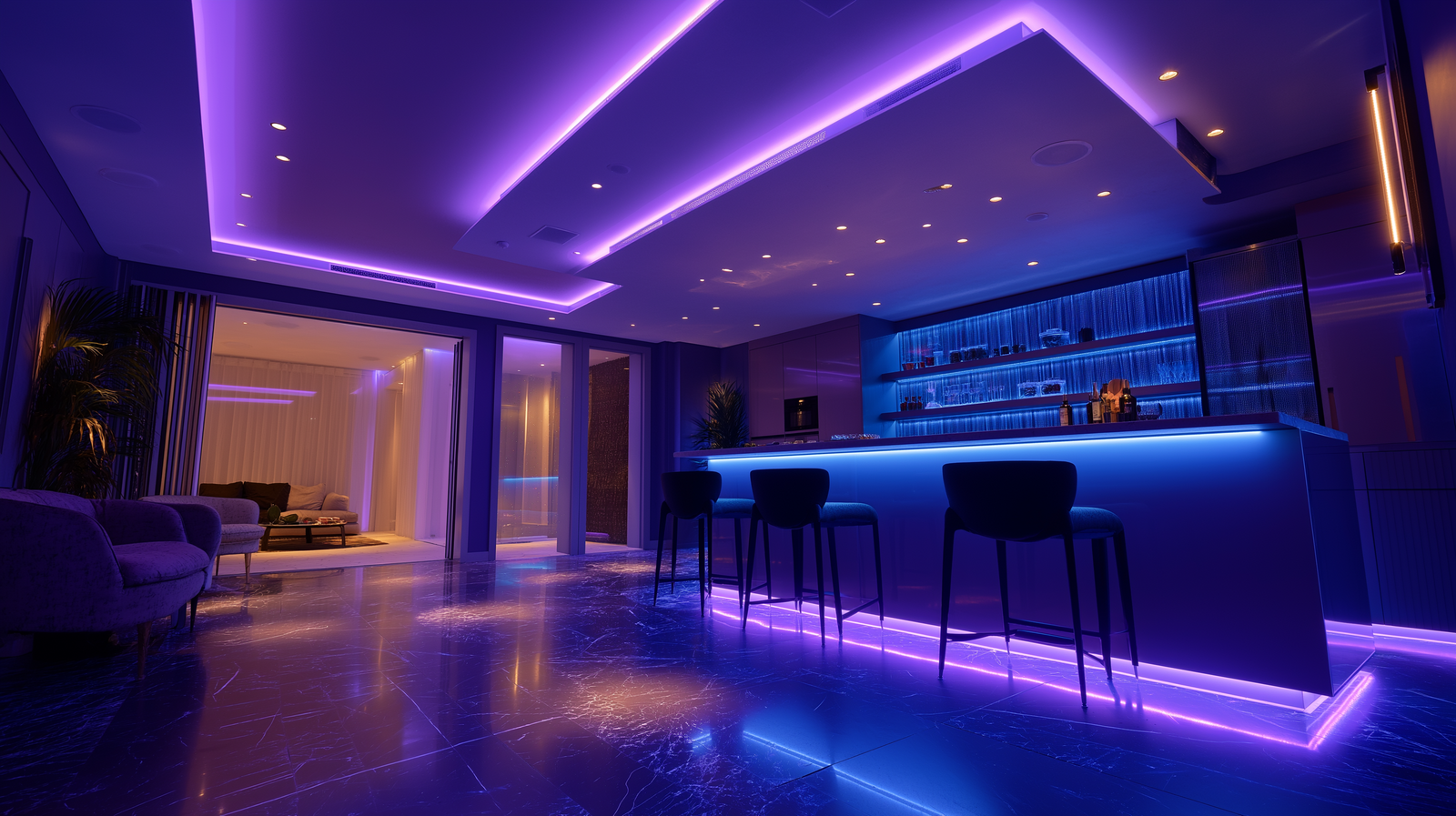 Luxury smart home lounge and media room with integrated lighting and cinematic control