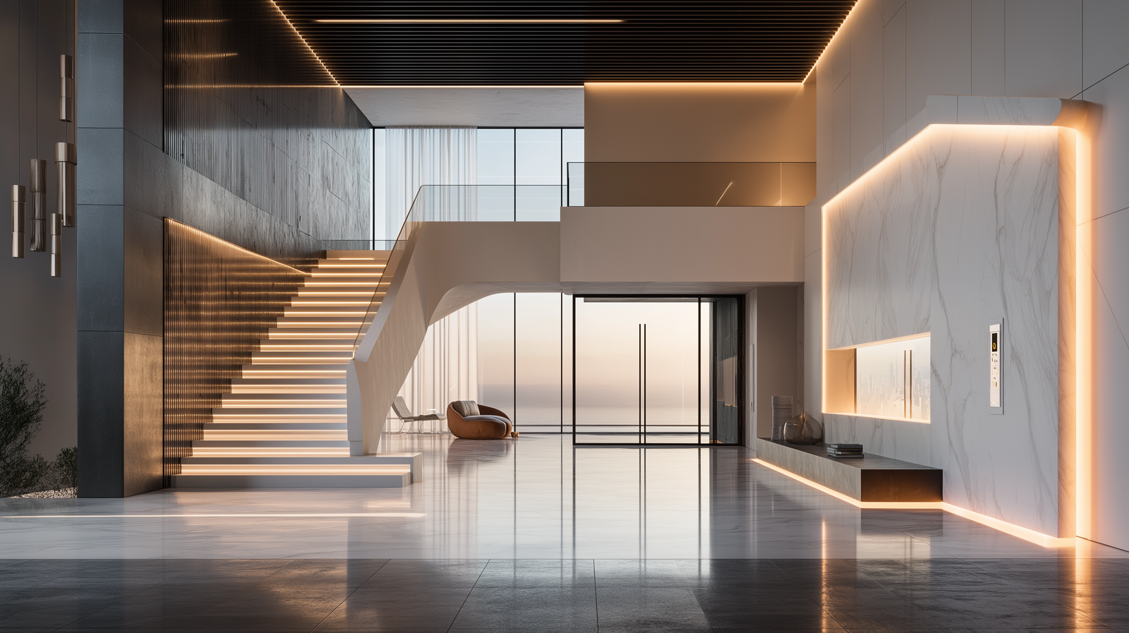 Grand smart home hall with bespoke room logic and precision scene design