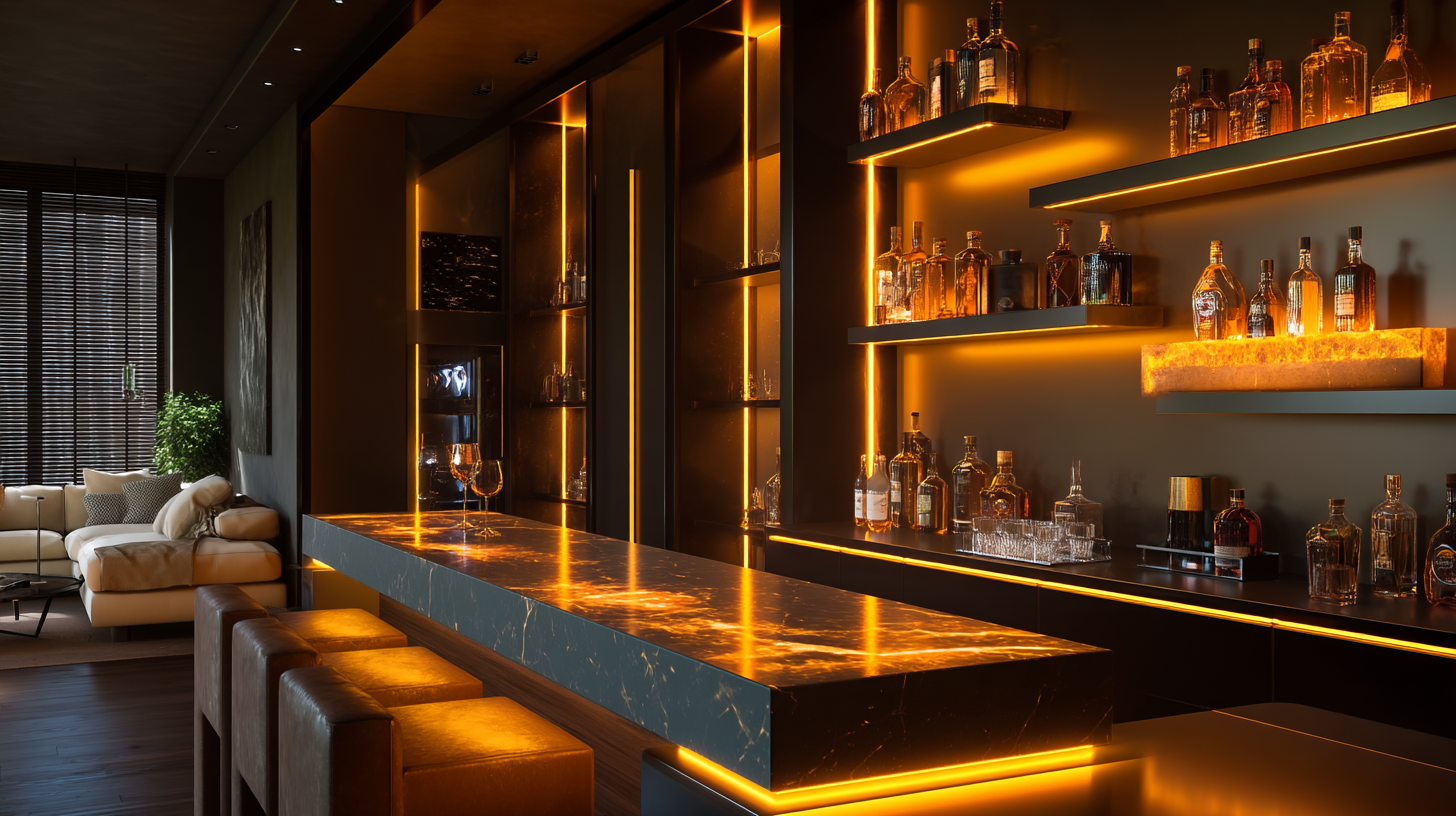 Integral Nexus installation — luxury smart home bar with cinematic lighting and integrated scene control